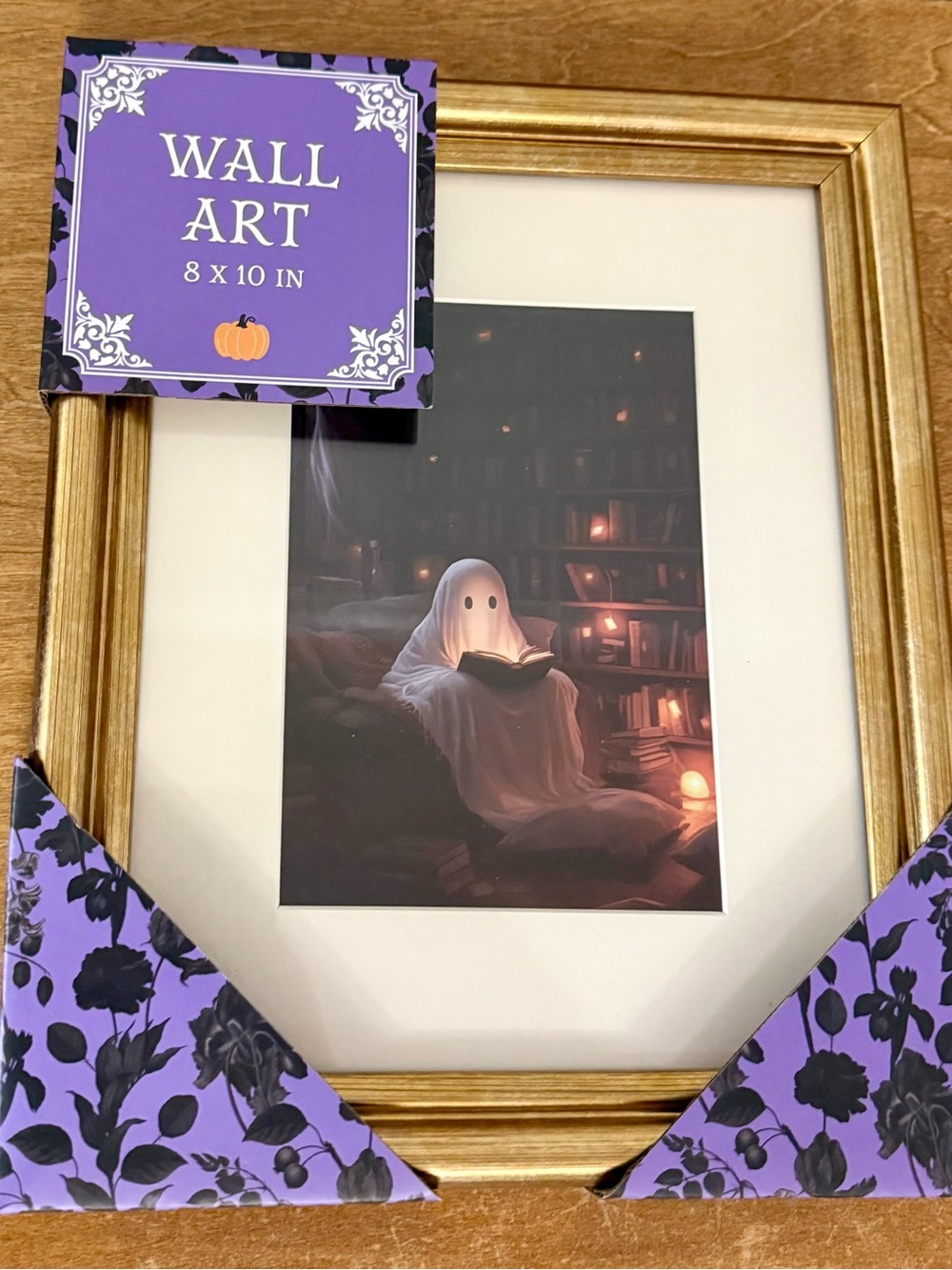 Gold Frame Wall Art with Ghost Reading Print - White, Purple Accents